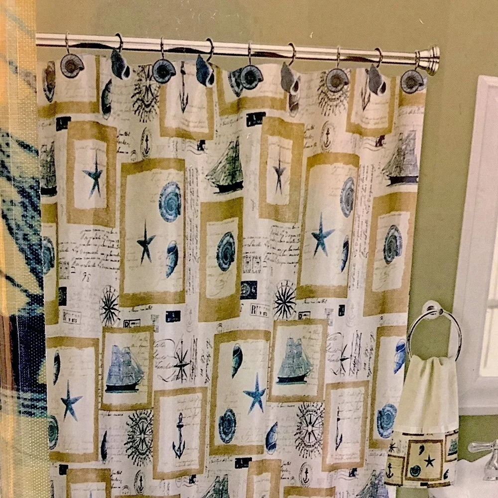 Nautical Seashell Beach Fabric Shower Curtain Beige Blue Popular Bath 70x72” NEW